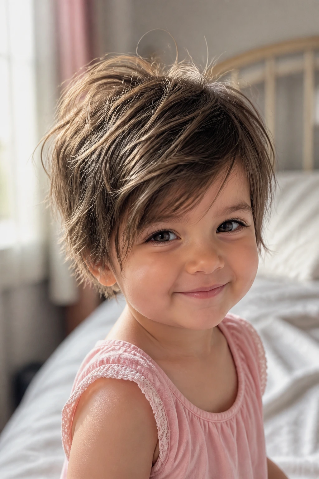 Close-up of a toddler with a messy pixie haircut and windblown texture