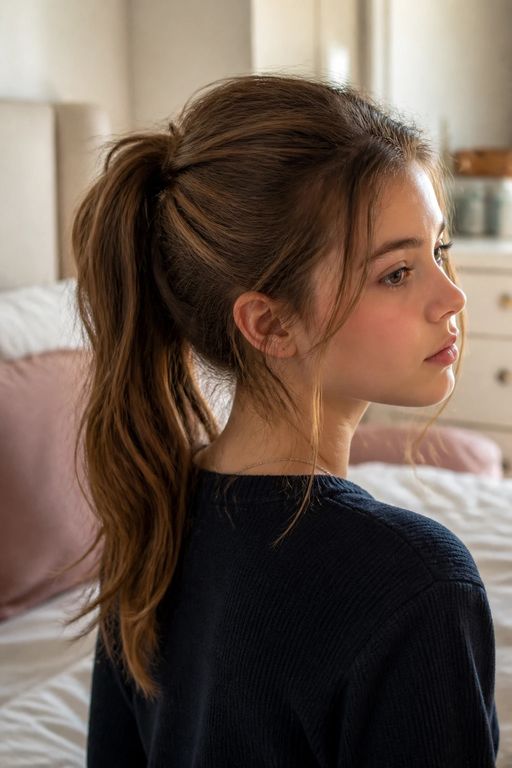 Close-up portrait of a real student with a low-maintenance messy pony and hitch, warm window light.