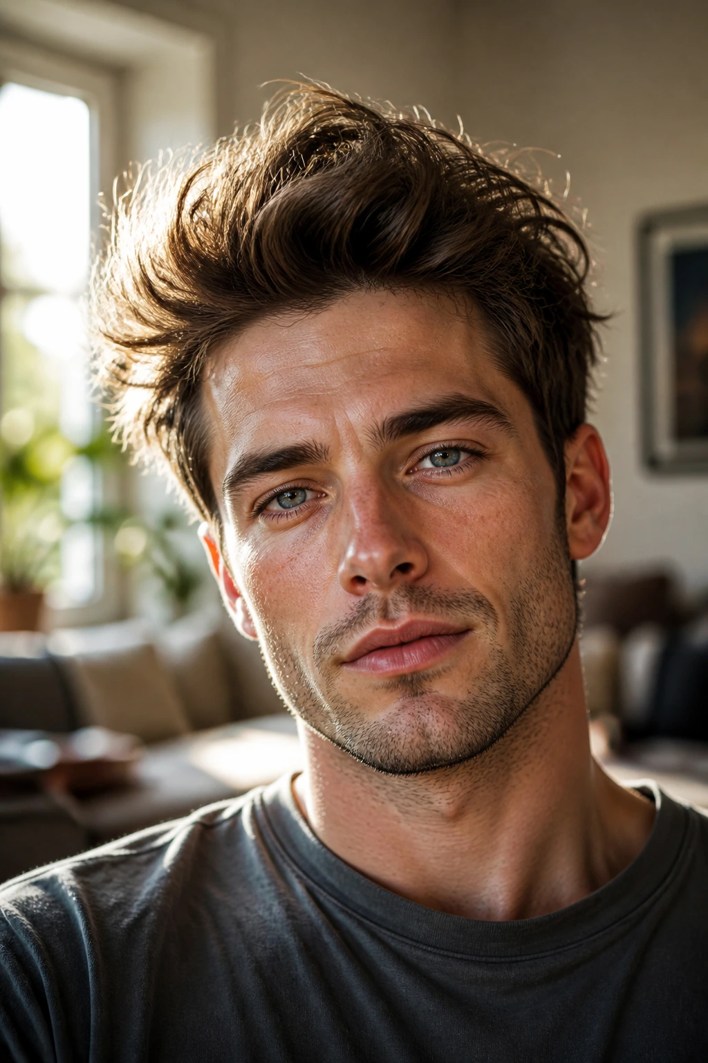 Close-up of a man with a messy quiff pompadour in a cozy room.