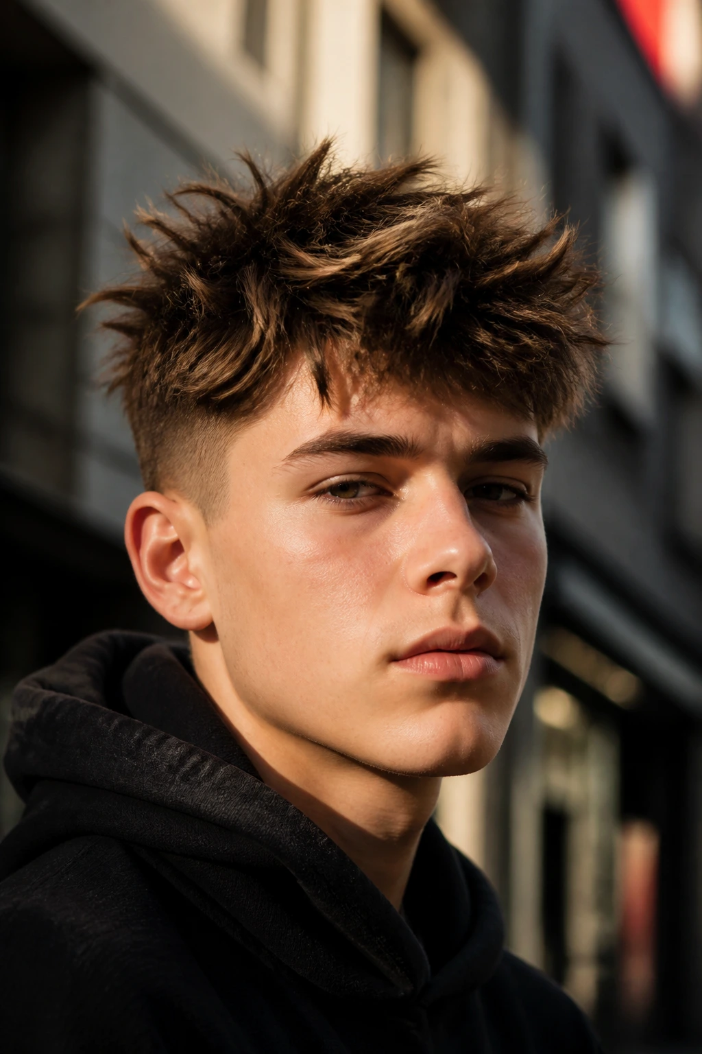 Close-up of teenage boy with messy spiky top in urban street setting