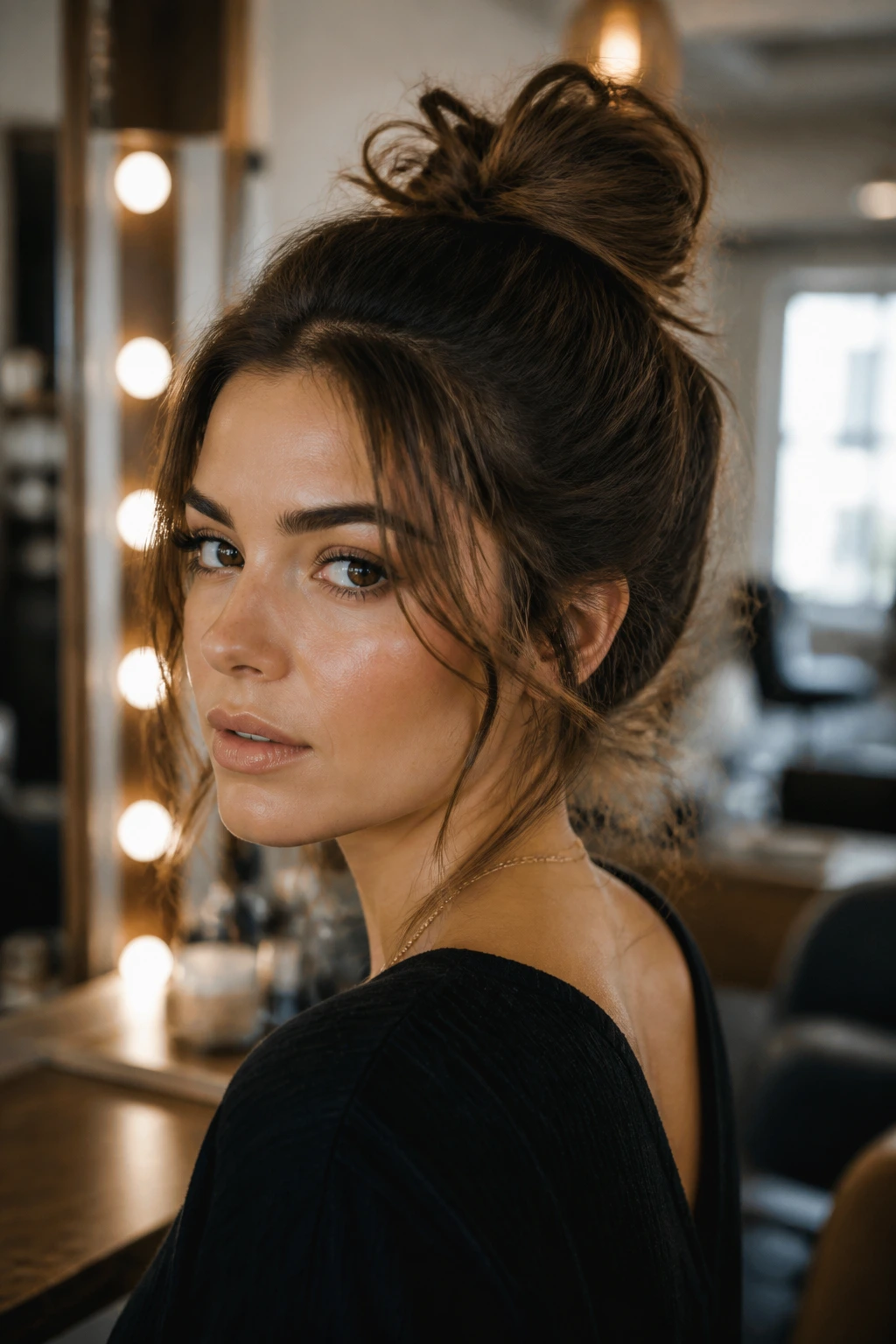 Real woman with a messy top knot, voluminous and stylish.
