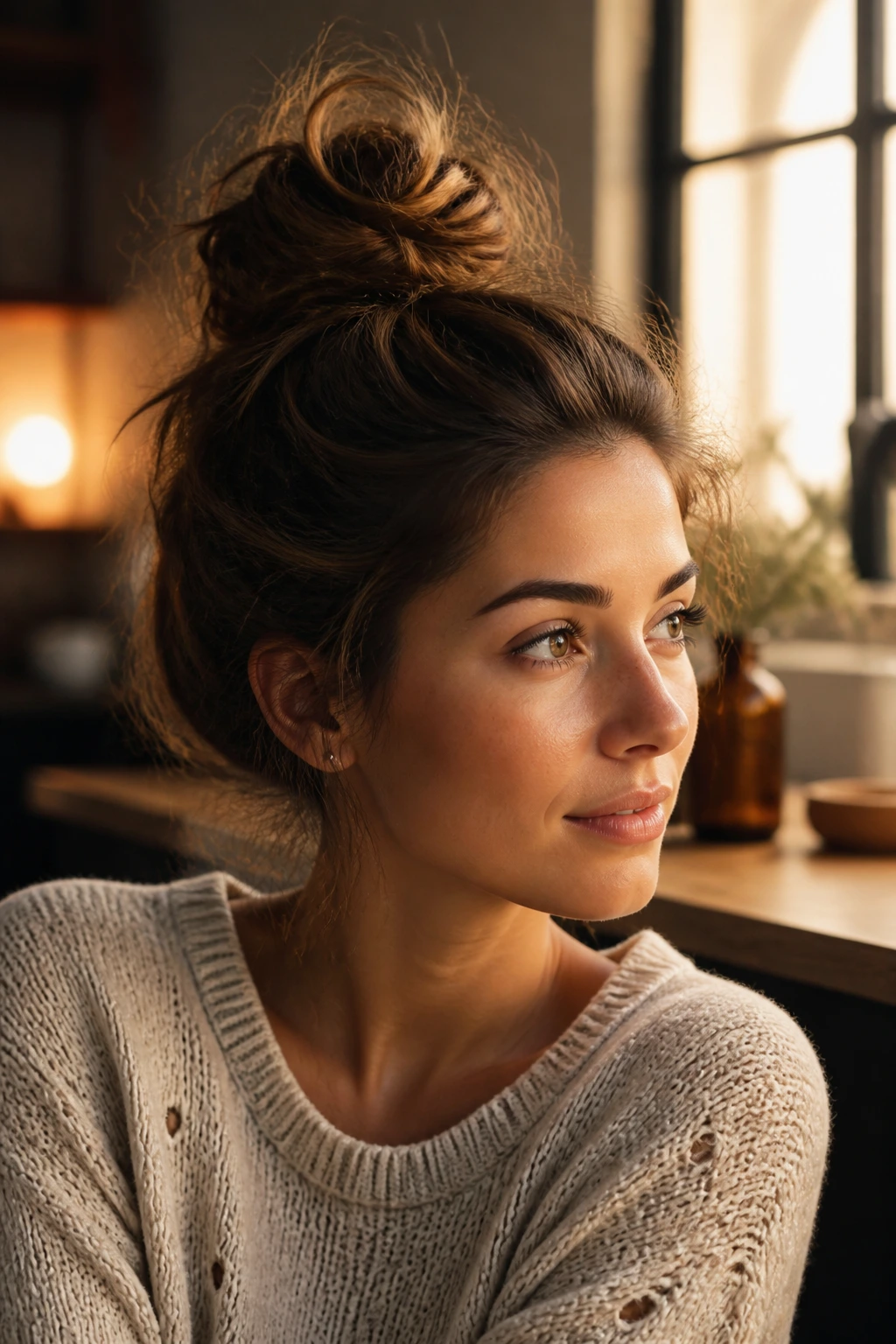 Close-up of a real woman with a messy top knot and soft wispy edges
