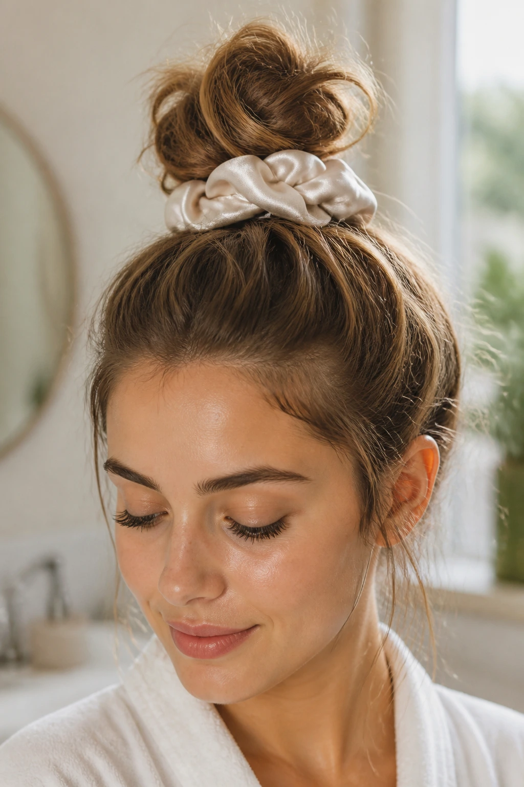 Close-up of a messy top-knot with a satin scrunchie on a real person