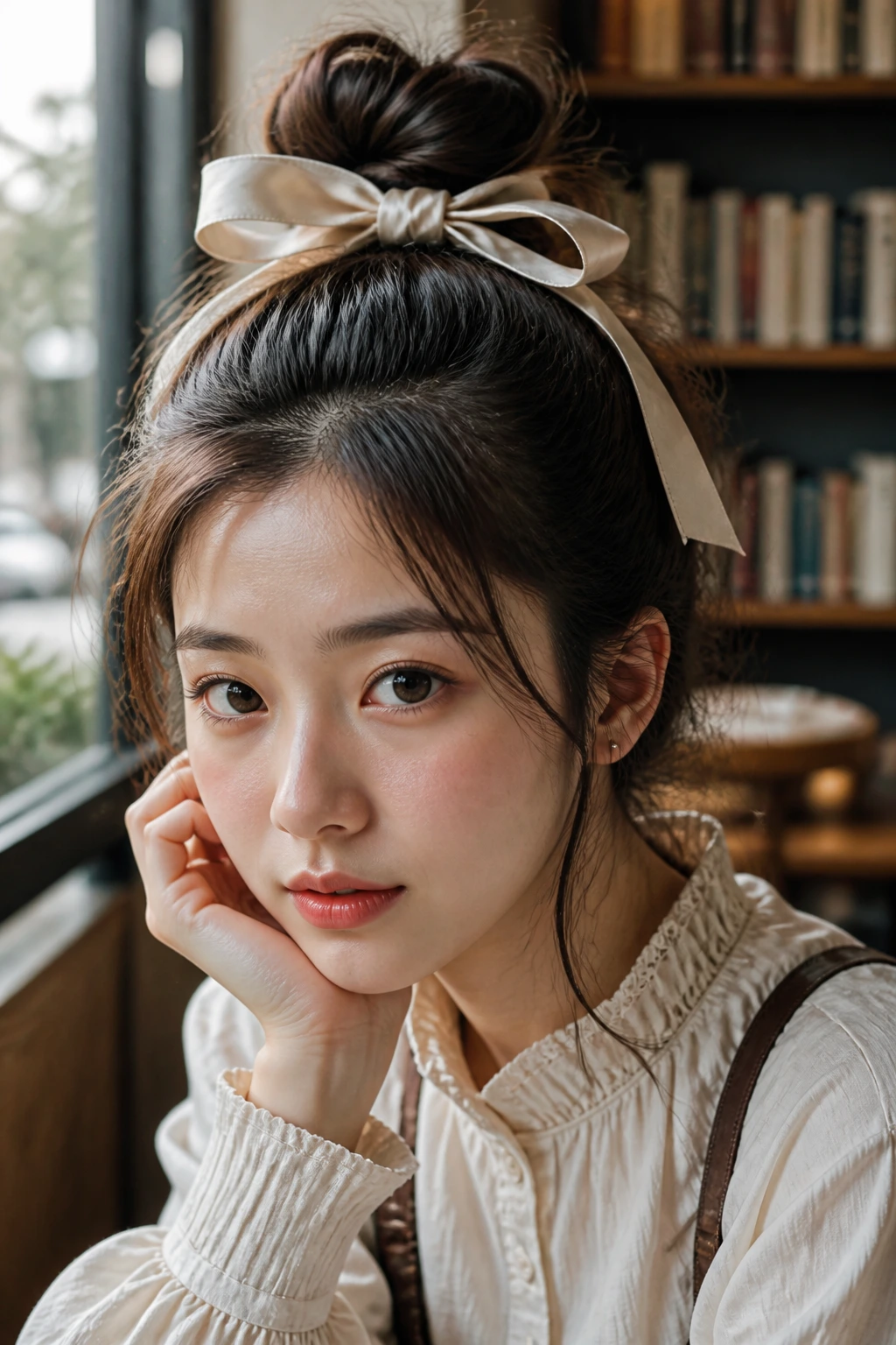 Close-up of a woman with a messy top knot and silk ribbon in warm daylight.