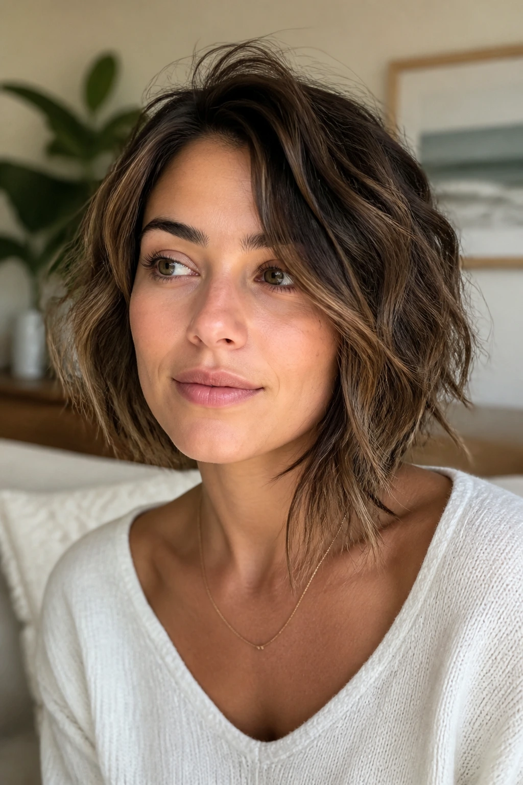 Medium close-up of a woman with messy wavy asymmetrical bob and uneven lengths.
