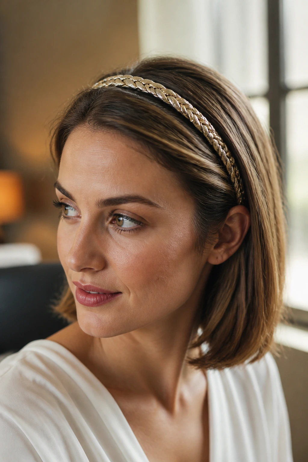 Real person wearing a metallic braided headband