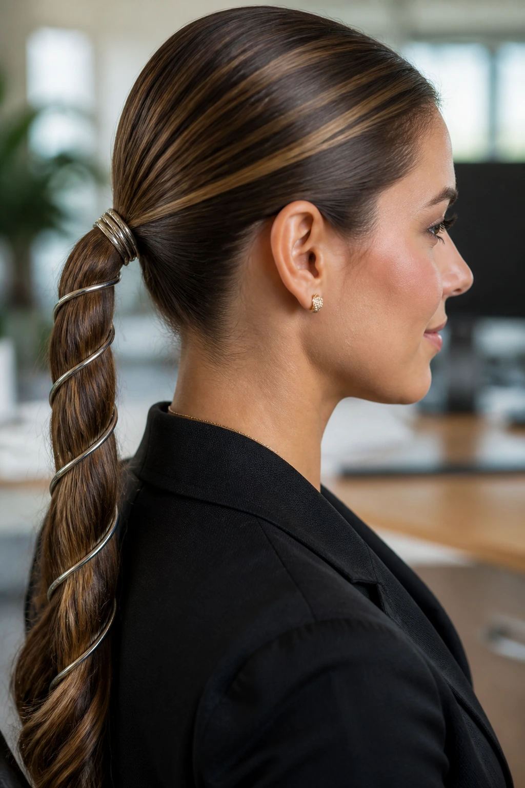 Close-up of a ponytail wrapped with a metallic cord for a structured look