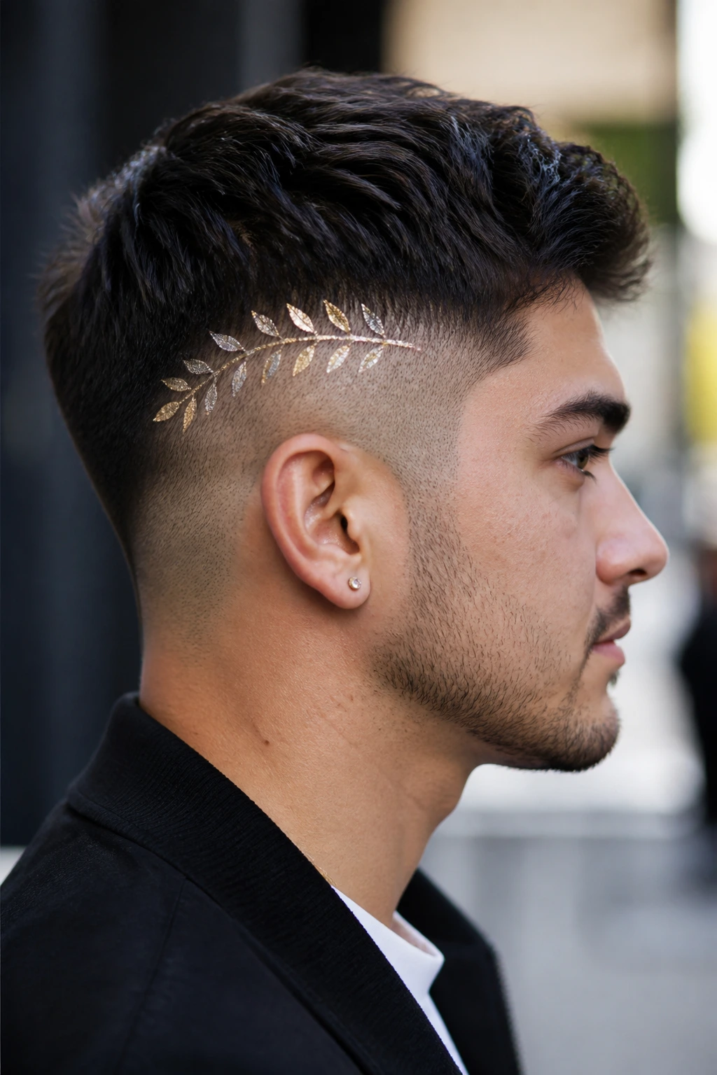 Close-up side portrait showing metallic leaf pattern on a tapered fade