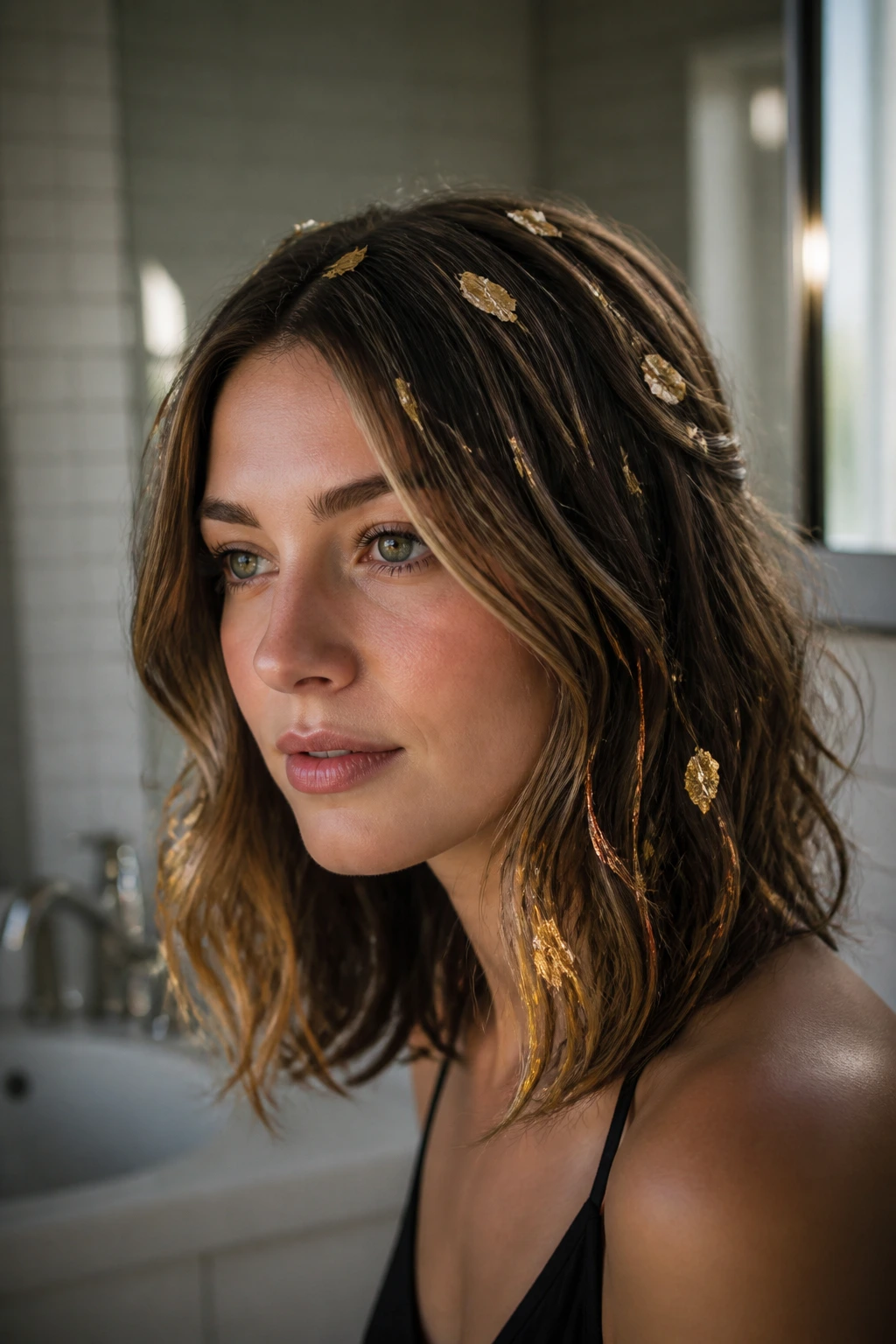 Close-up of a real woman with metallic foil accents in hair, showcasing maintenance-ready look