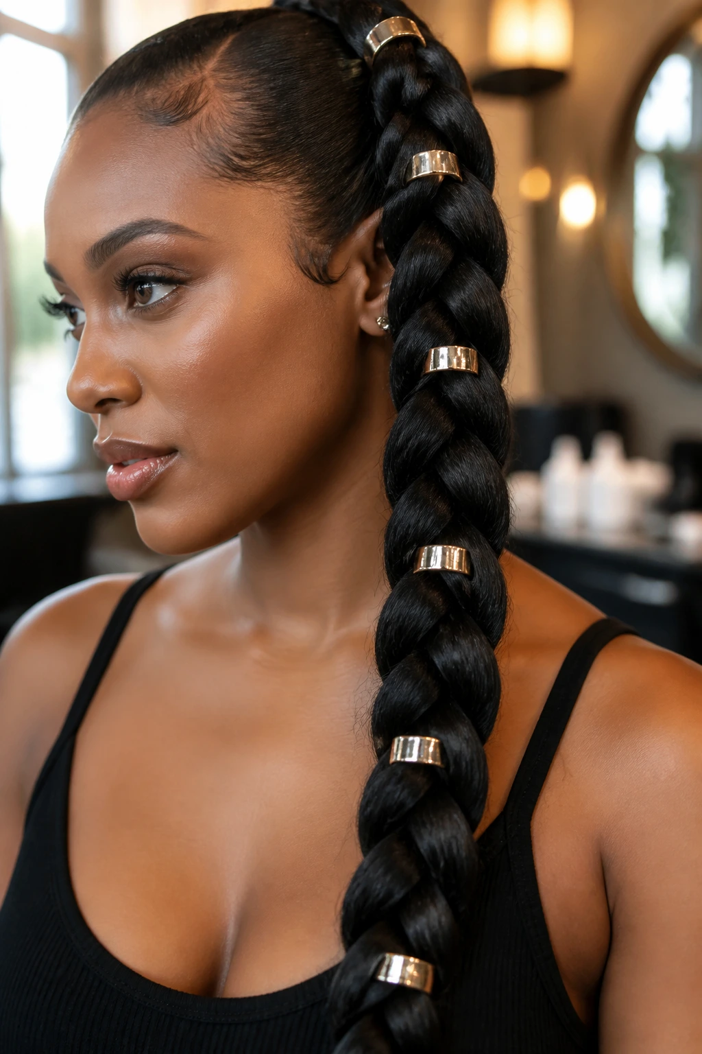 Close-up of a thick braid with metallic hair rings in a warm salon setting