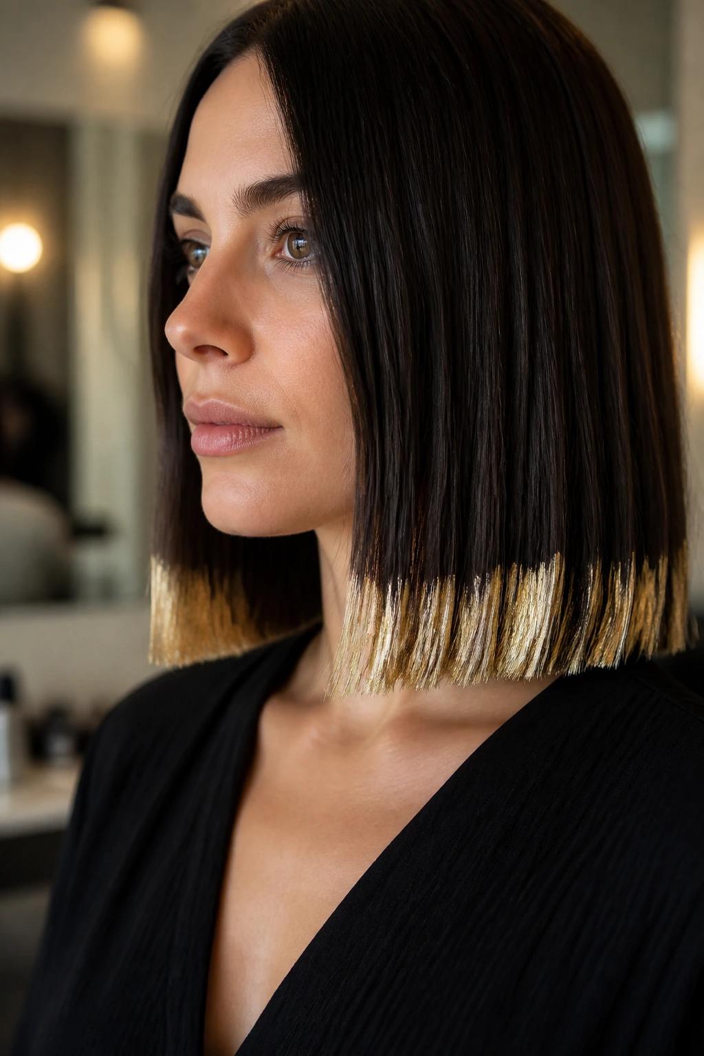 Close-up of blunt-cut hair with metallic dipped ends at bottom two inches.