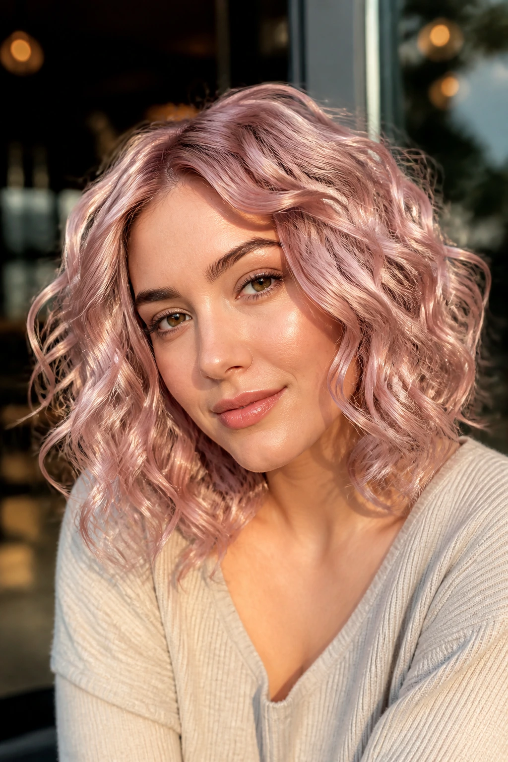Close-up of real person with metallic rose quartz waves catching golden hour light