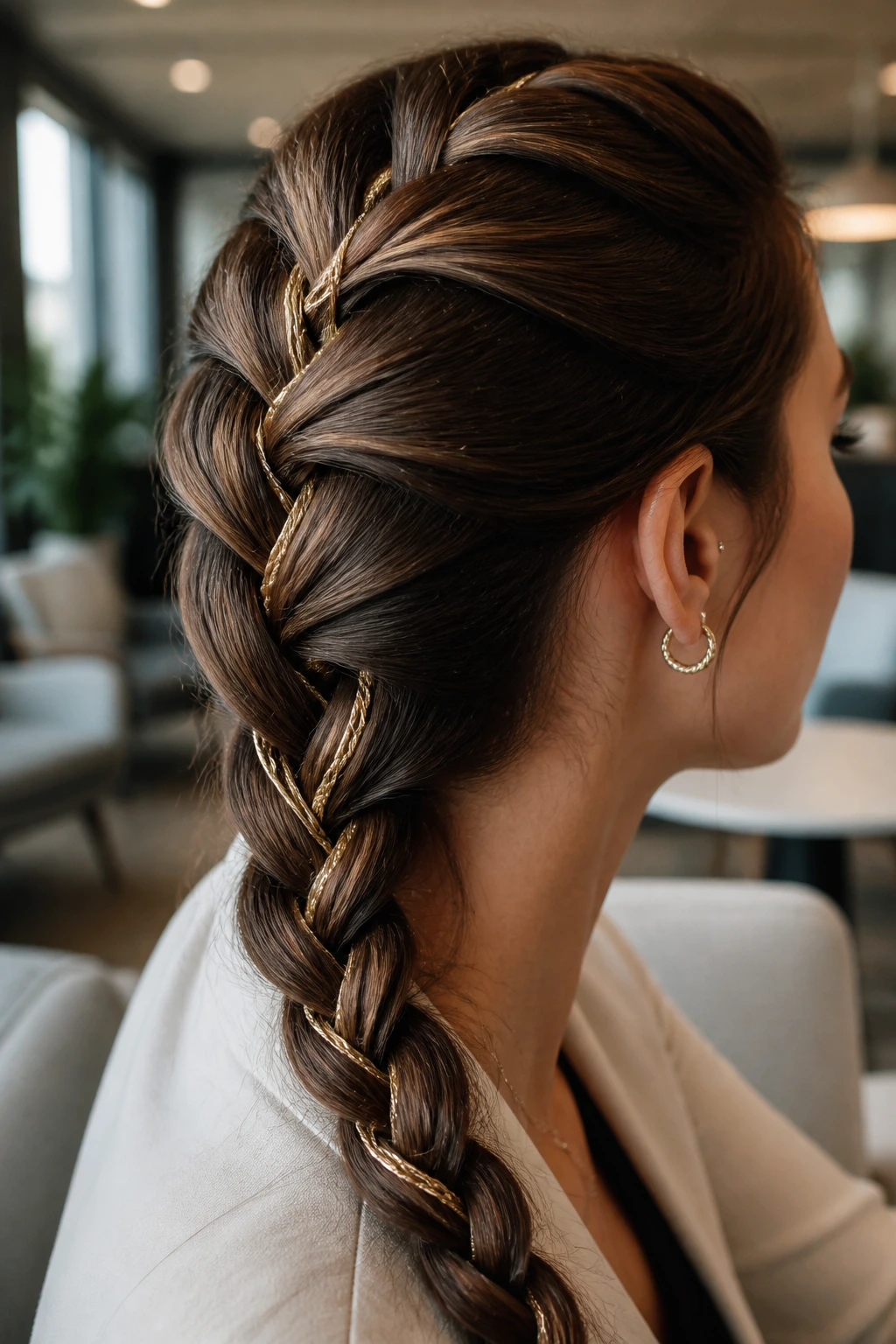 Close-up of a braid with metallic thread woven through hair in an office setting