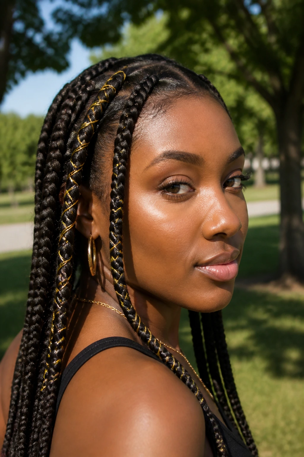 Close-up of braids wrapped with metallic thread on a real person