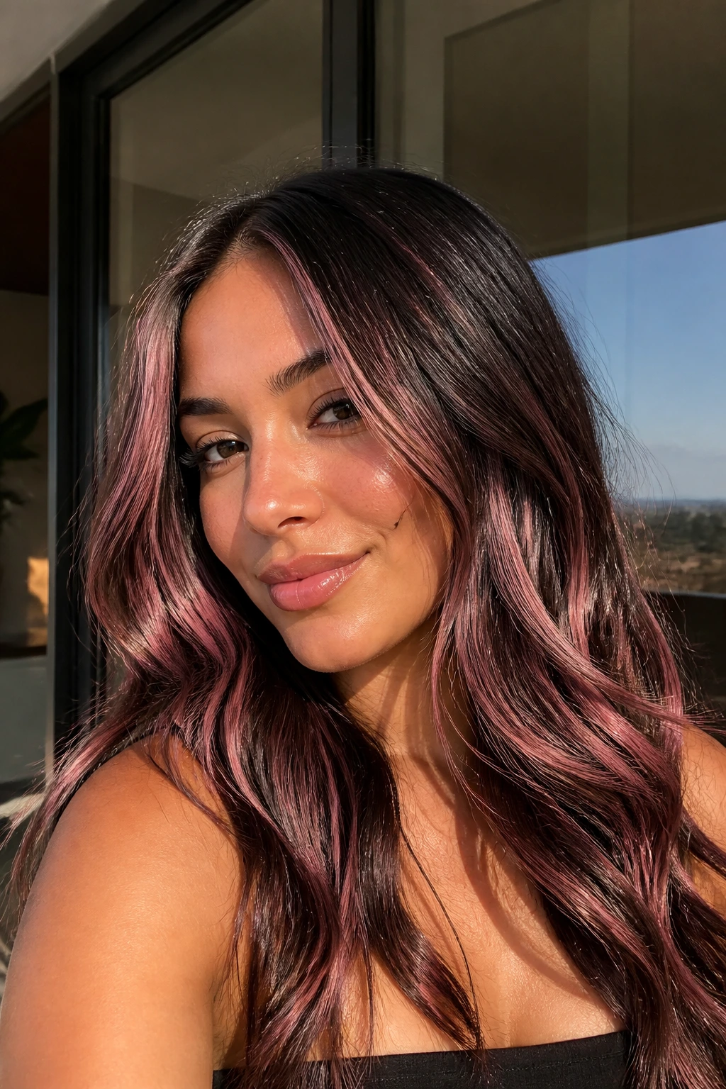 Close-up of a real woman with metallic pink babylights in dark hair