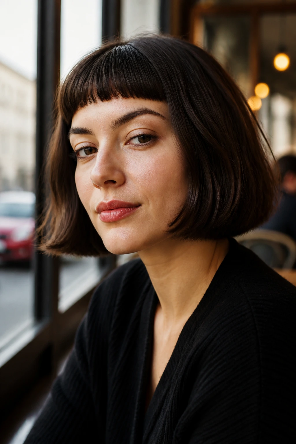 Brunette with micro bangs bob, blunt fringe just above eyebrows.