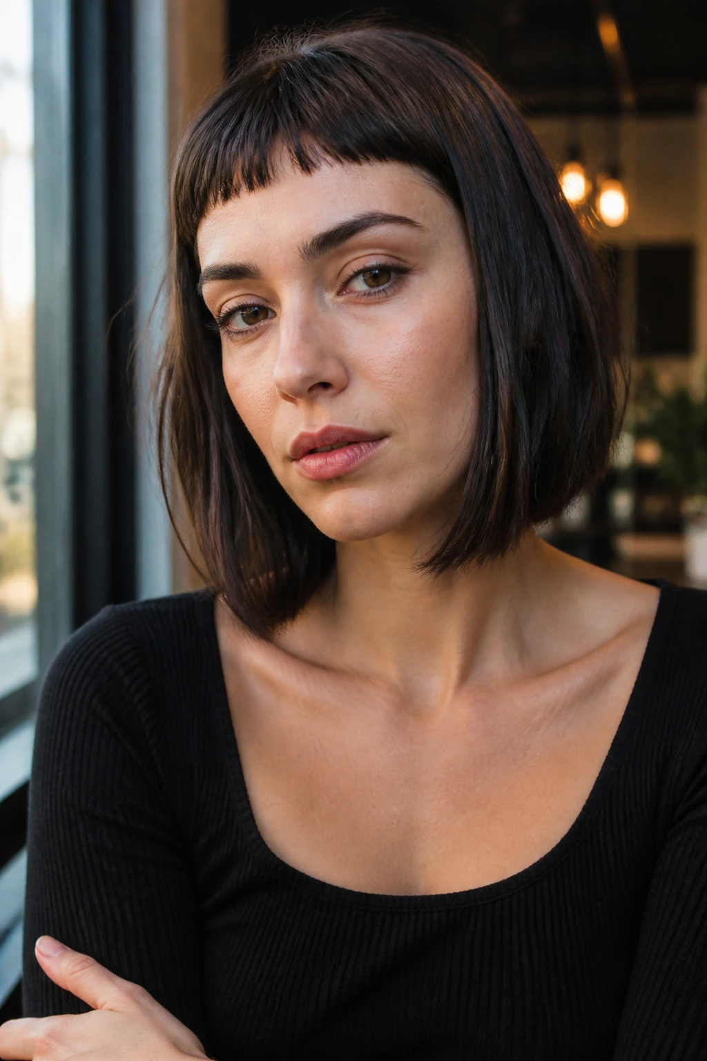 Close-up portrait of a person with micro-bangs and collarbone-length bob