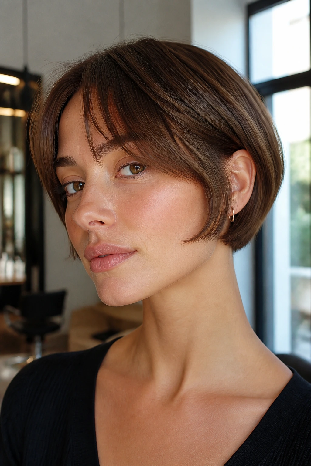 Close-up of a real woman with an ear-length micro-bob and short curtain bangs.
