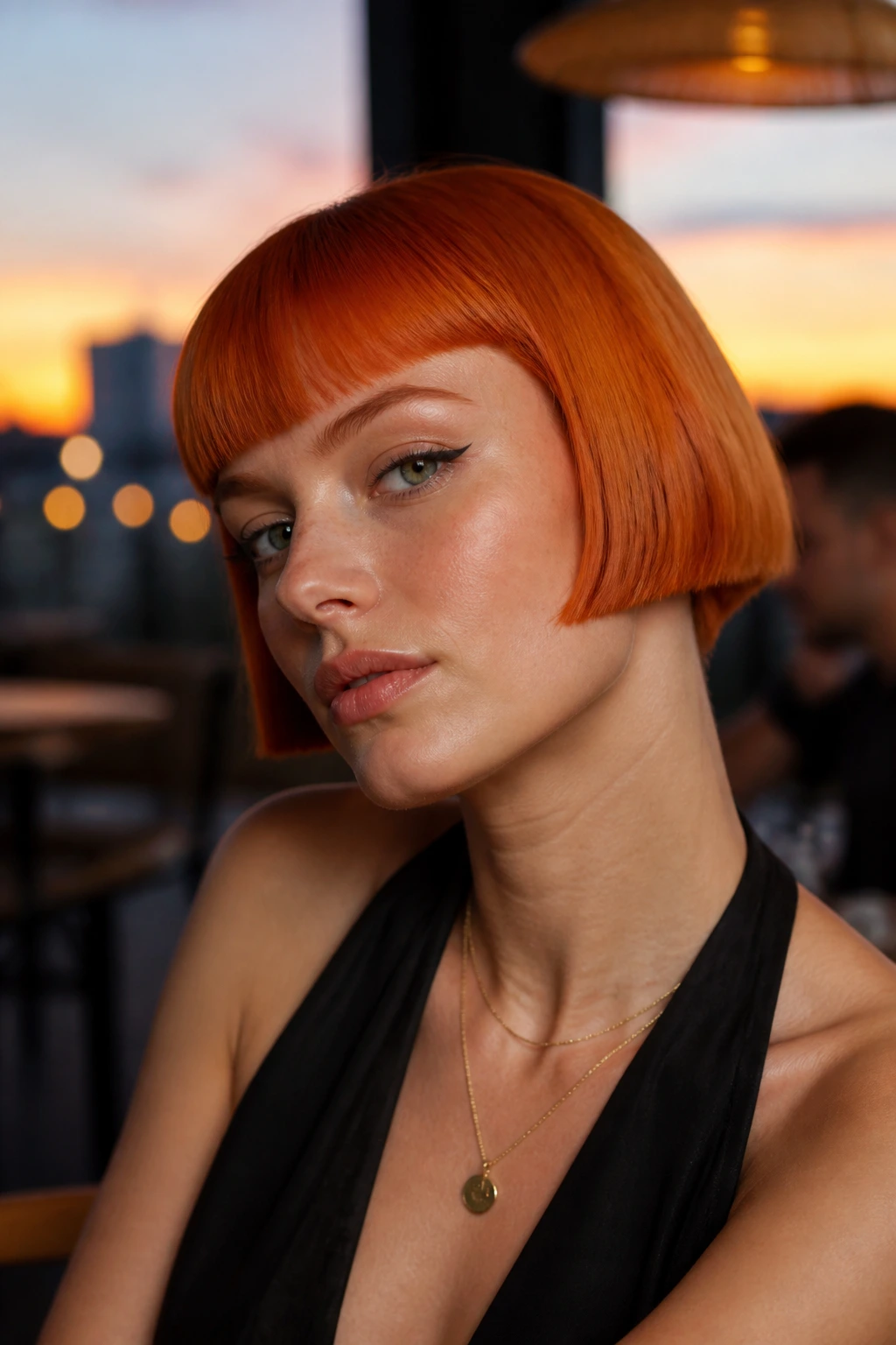Close-up portrait of a real woman with a blunt micro-bob and vibrant ginger hair