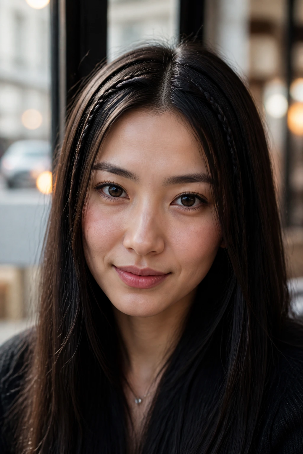 Portrait of a woman with micro-braid accents in a straight hairstyle