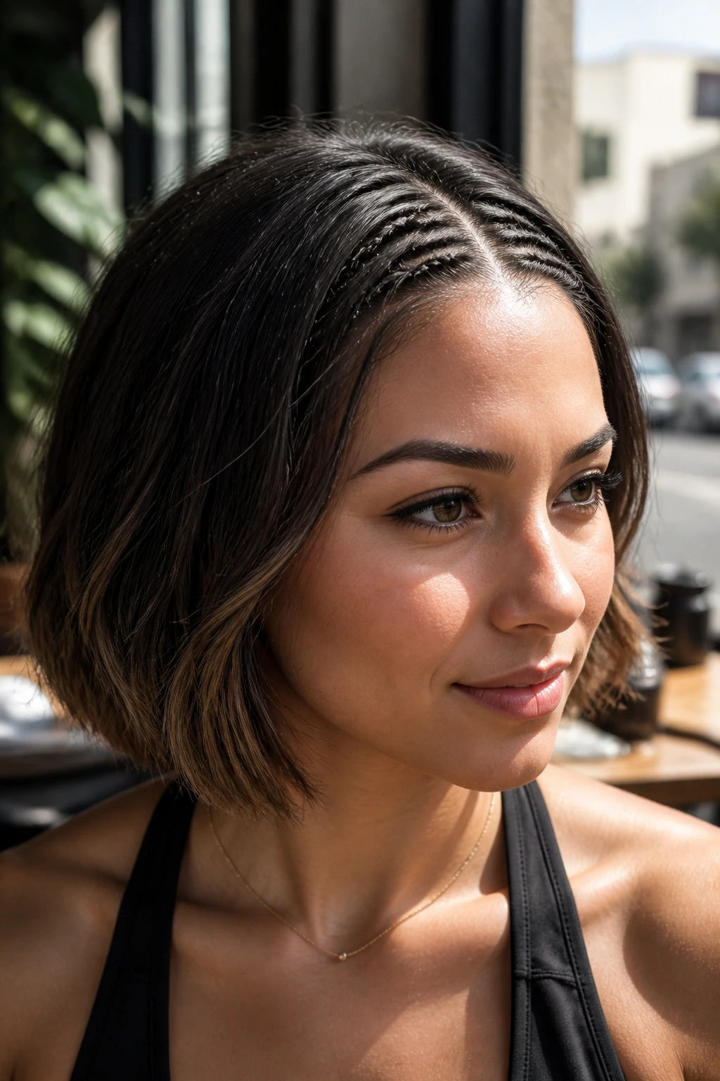Close-up of a real woman with micro-braids along the hairline while hair remains down