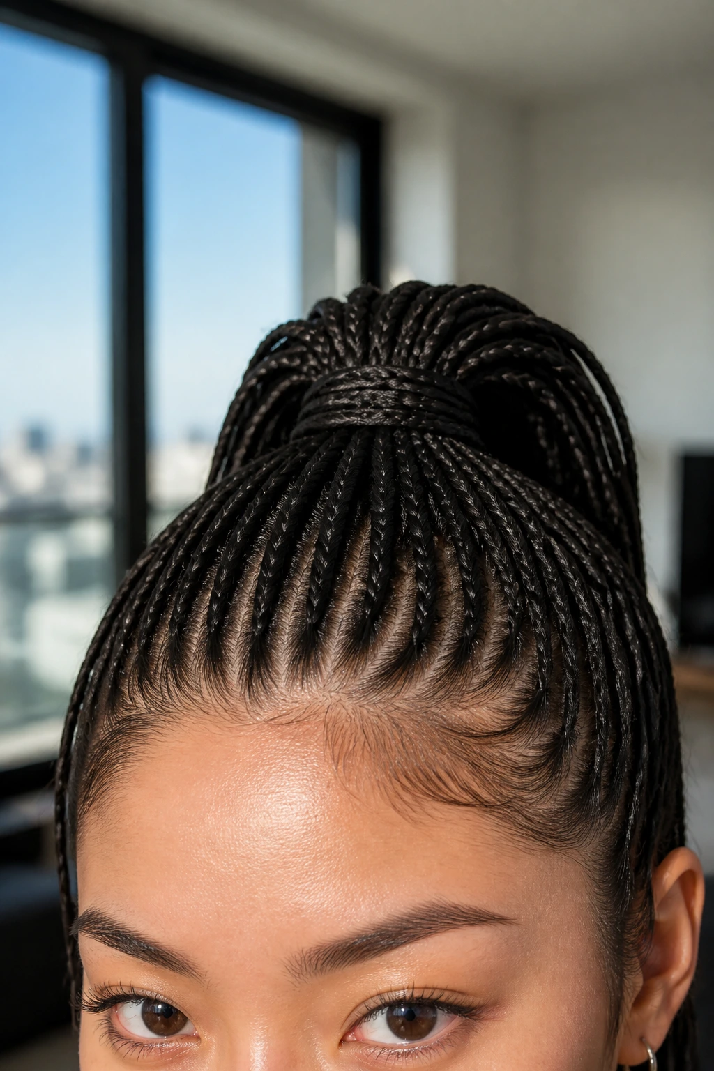 Close-up of micro-braids forming a high ponytail