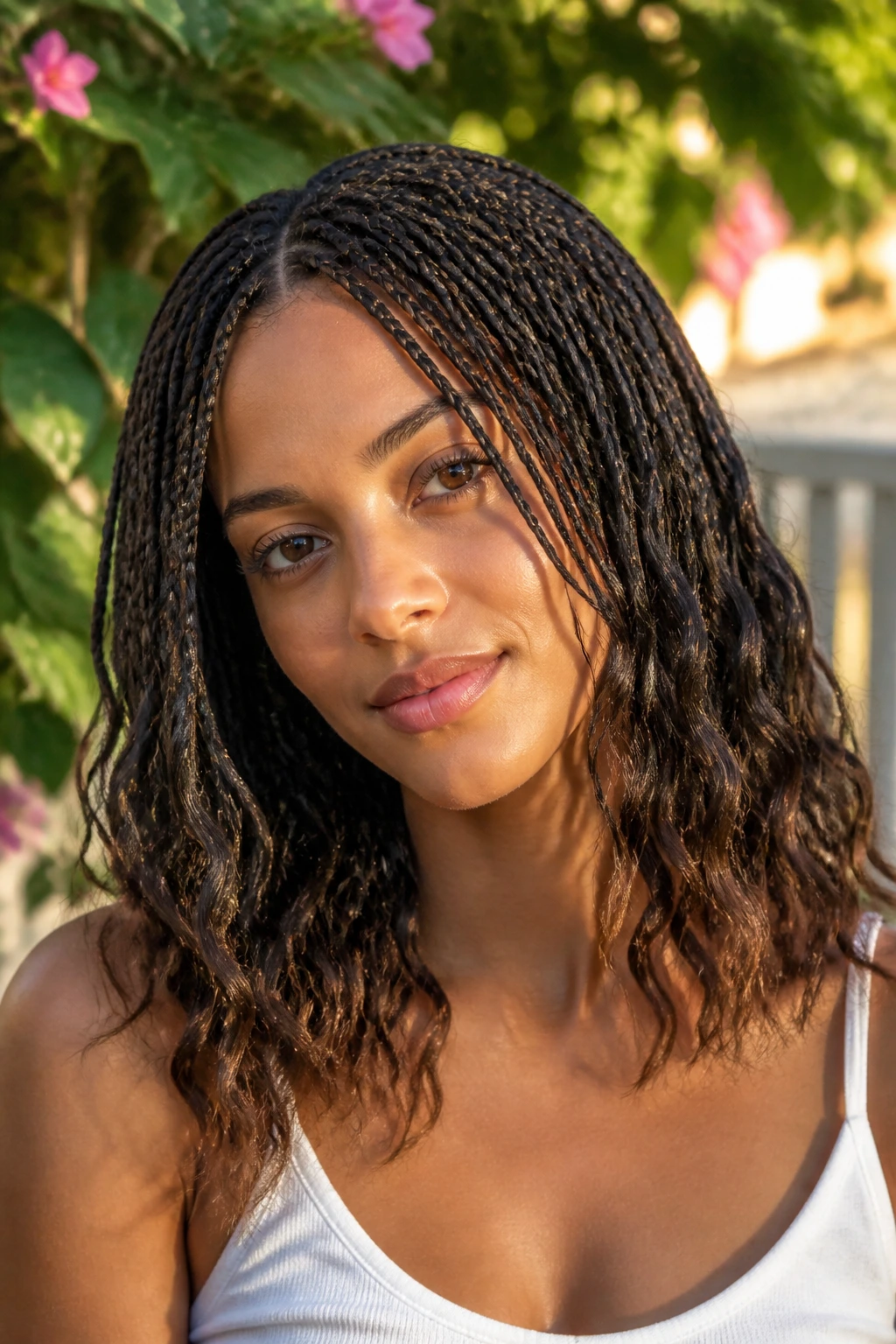 Close-up of micro-braids transitioning to wavy ends on a real person.