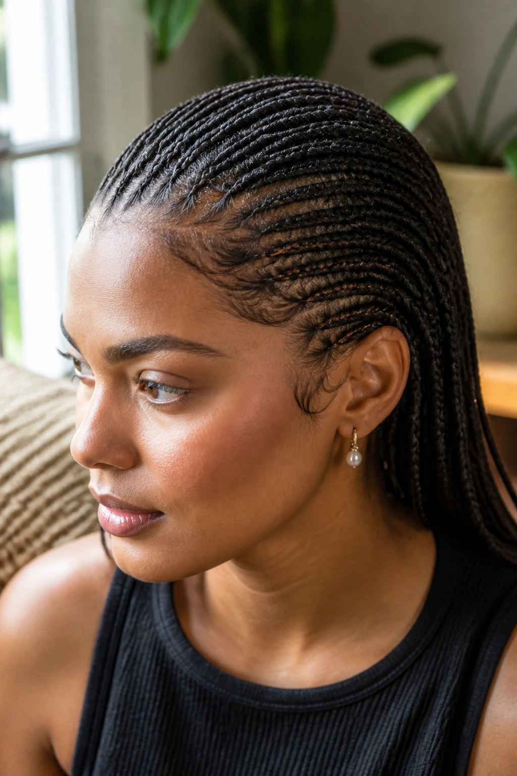 Real person with dense micro-cornrows filling the frame