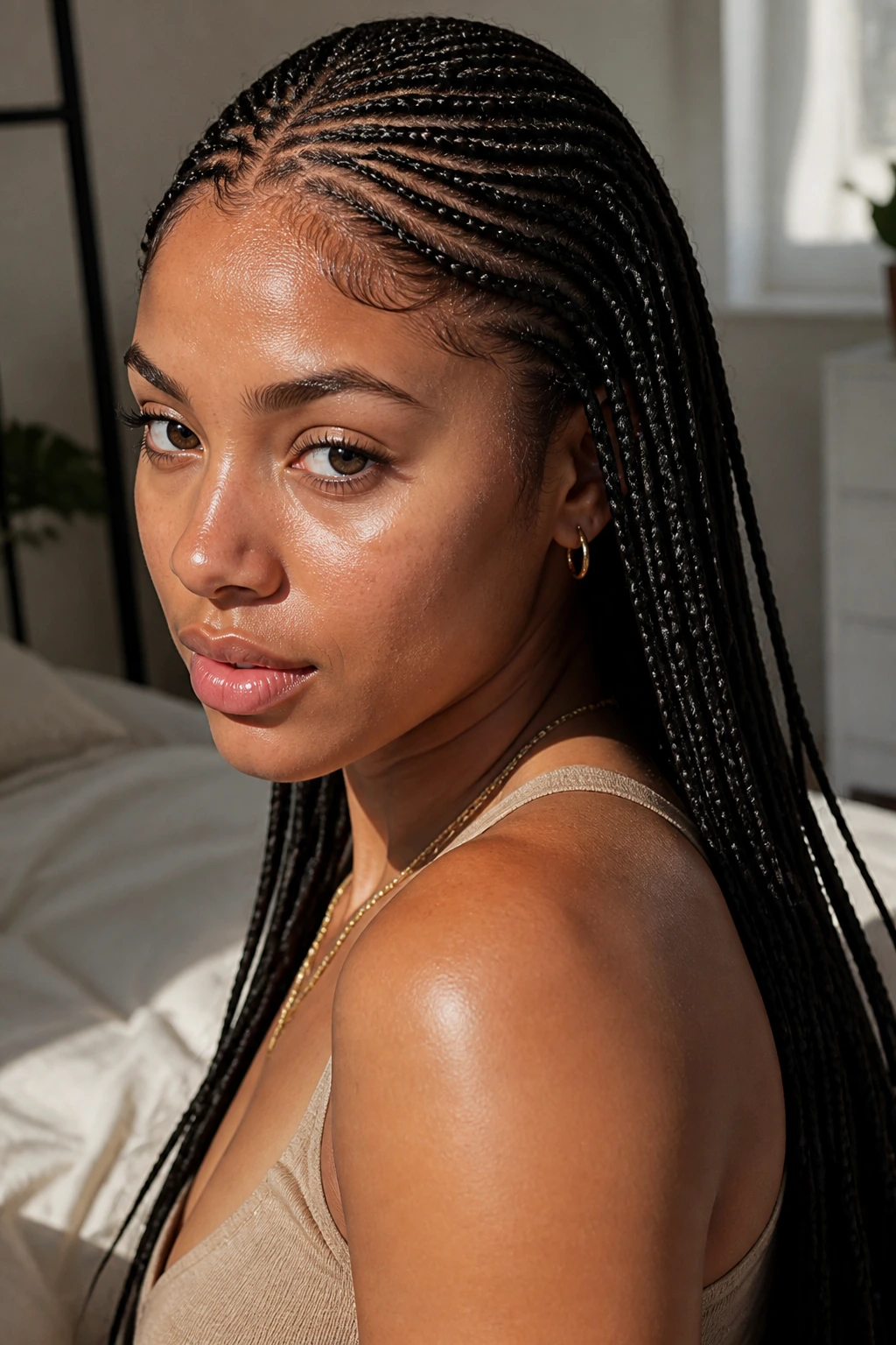 Close-up of a real person with micro cornrows highlighting neat parts and scalp