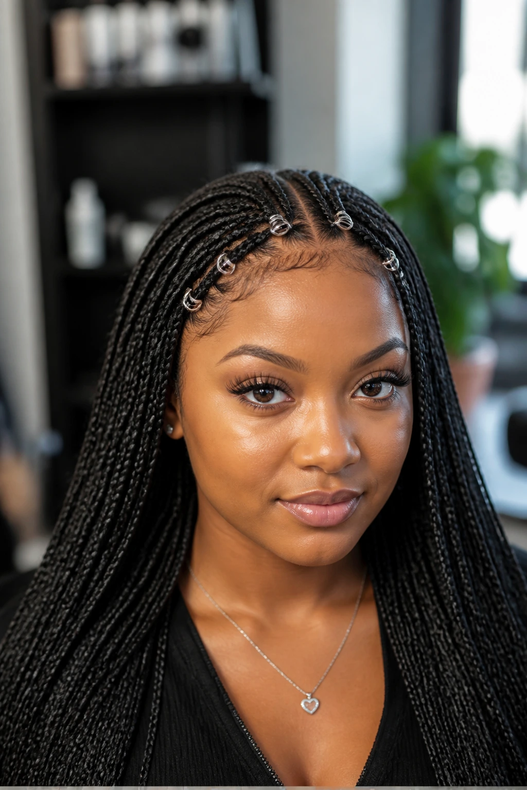 Close-up of a real woman with micro cornrows and silver rings in a salon.