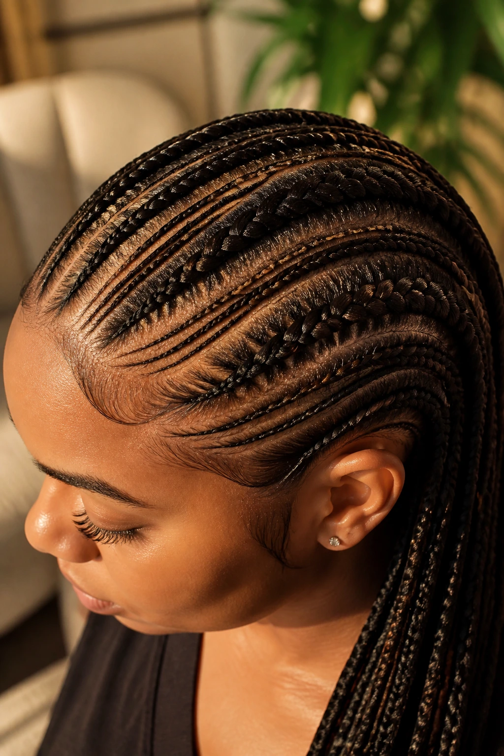 Close-up of real woman with micro-braids and larger cornrows