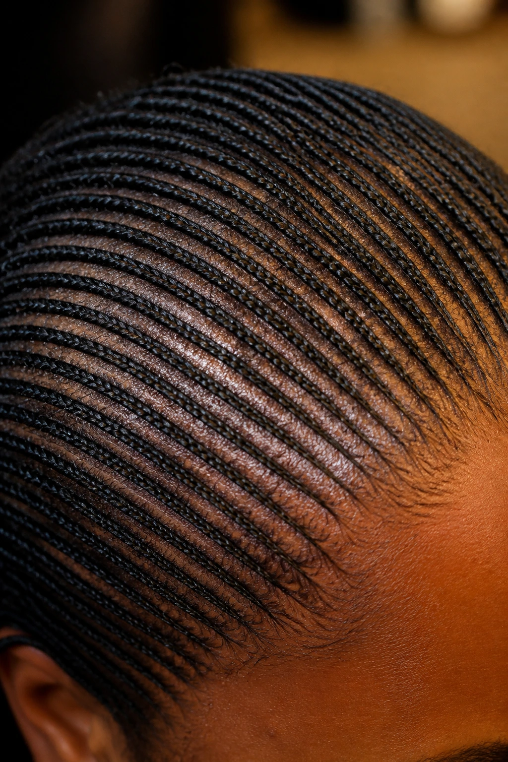 Extreme close-up of micro-cornrows on a real person's scalp.