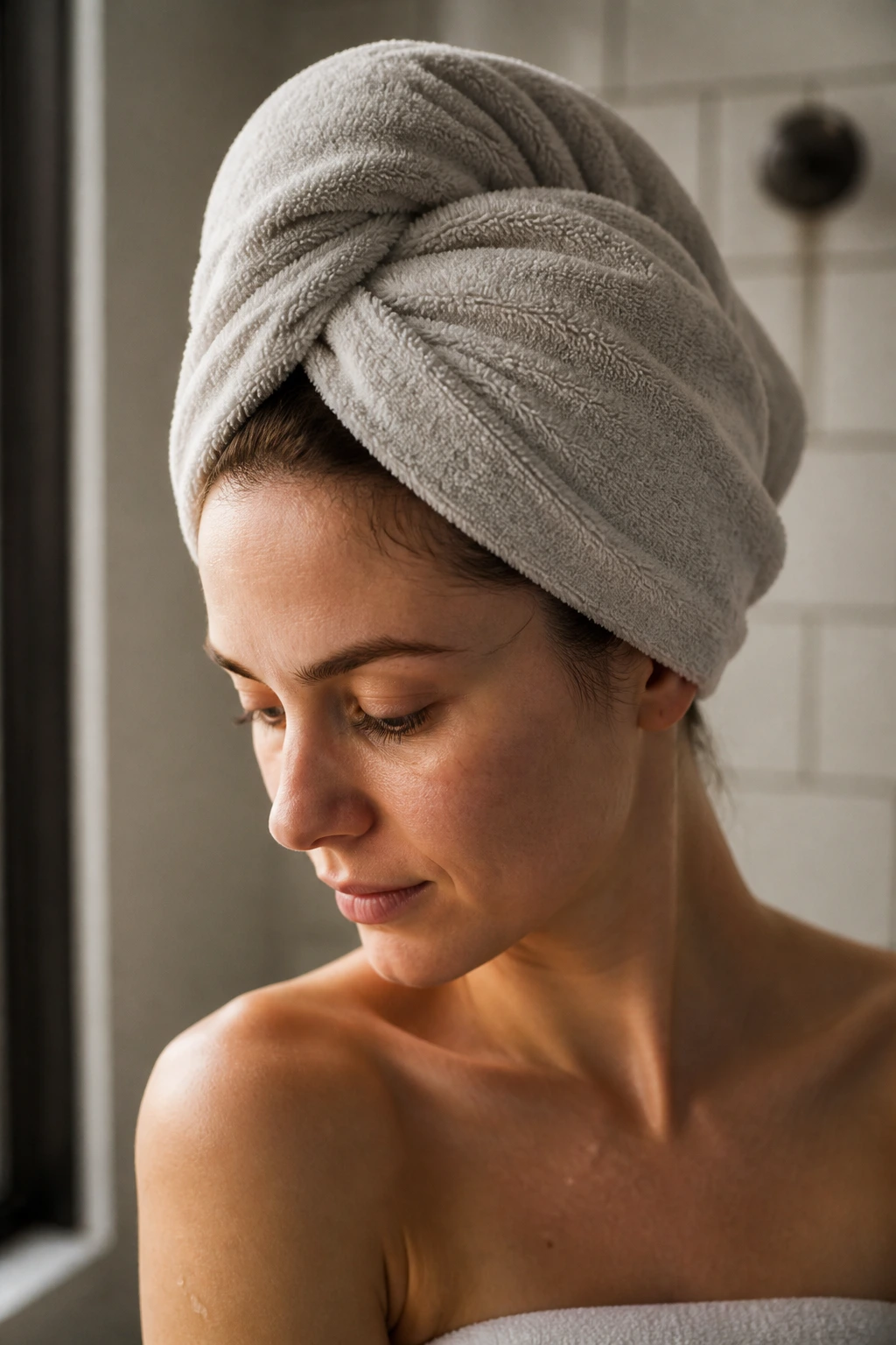 Close-up of a real person with a micro-fiber towel wrapped around wet hair.