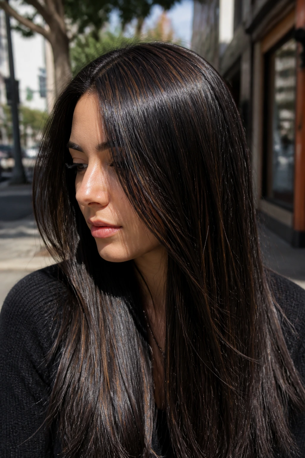 Close up of a real woman with micro-fine espresso highlights in sunlight
