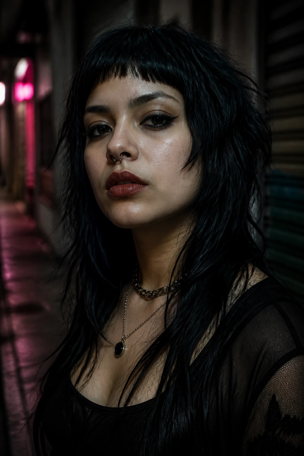 Close-up of Latina woman with jet-black shag and micro-fringe