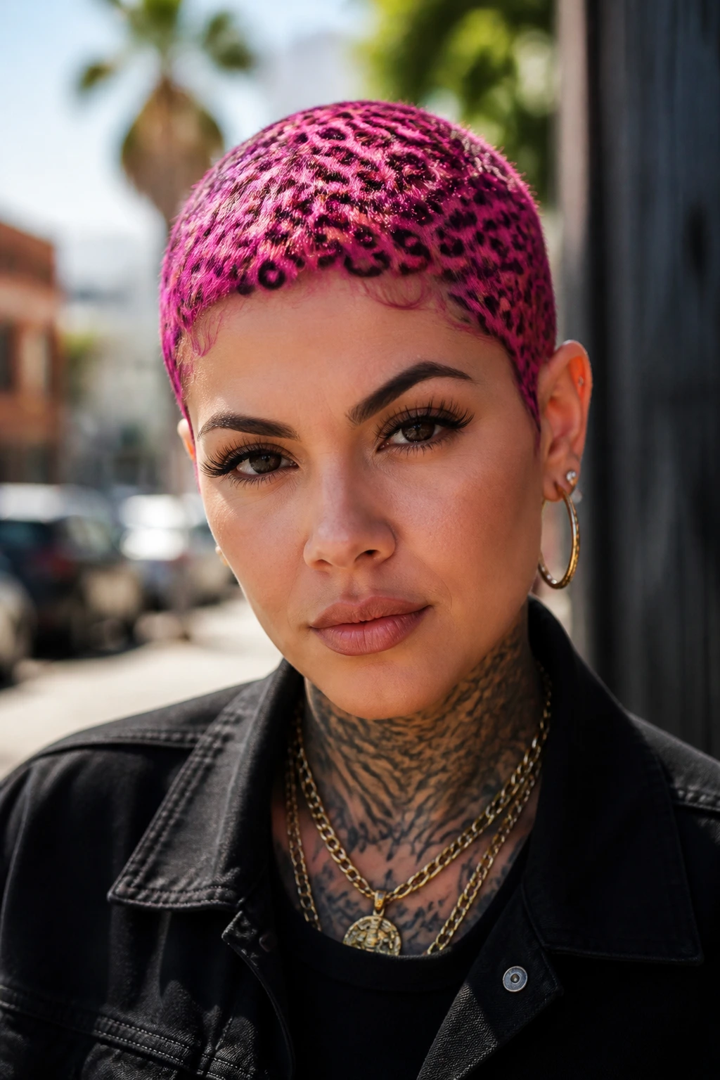 Close-up of a real woman with a micro-leopard pixie cut in daylight