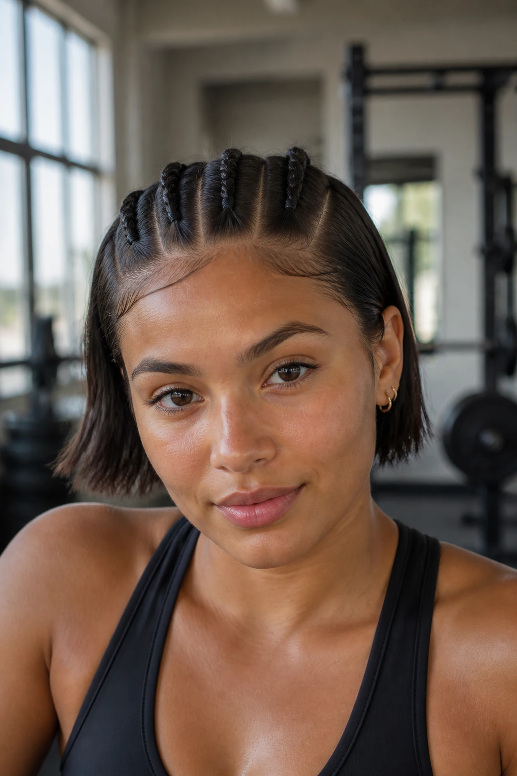 Close-up of four tiny micro braids on a real person's head during workout