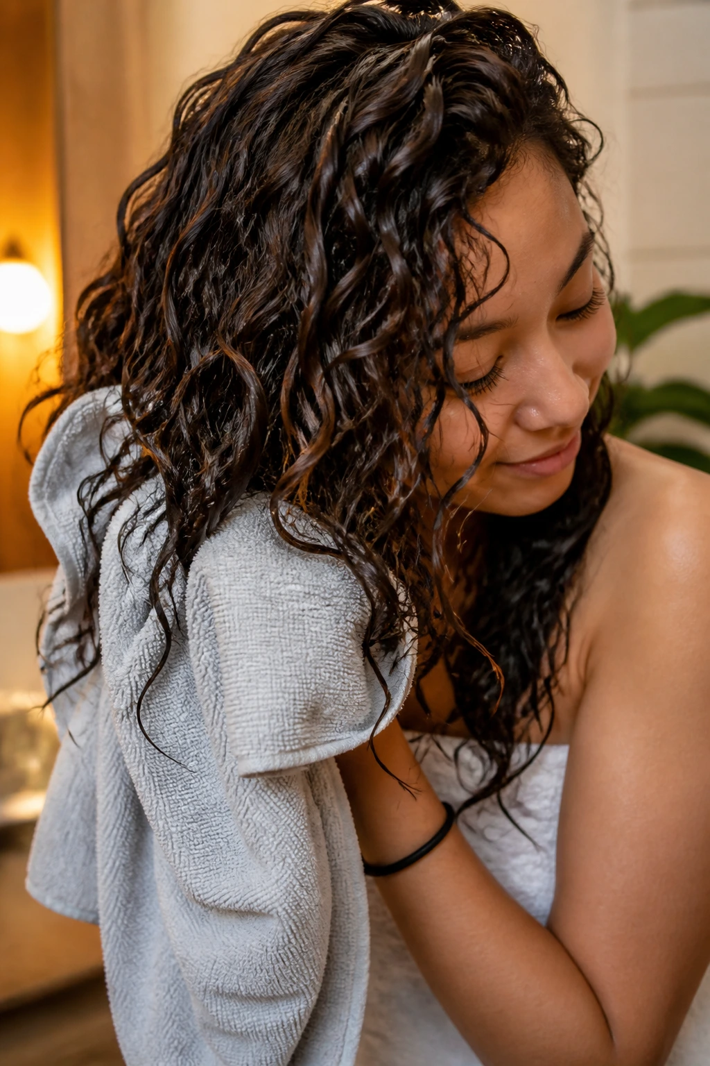 Close-up of a person drying curly hair with microfiber towel to avoid frizz