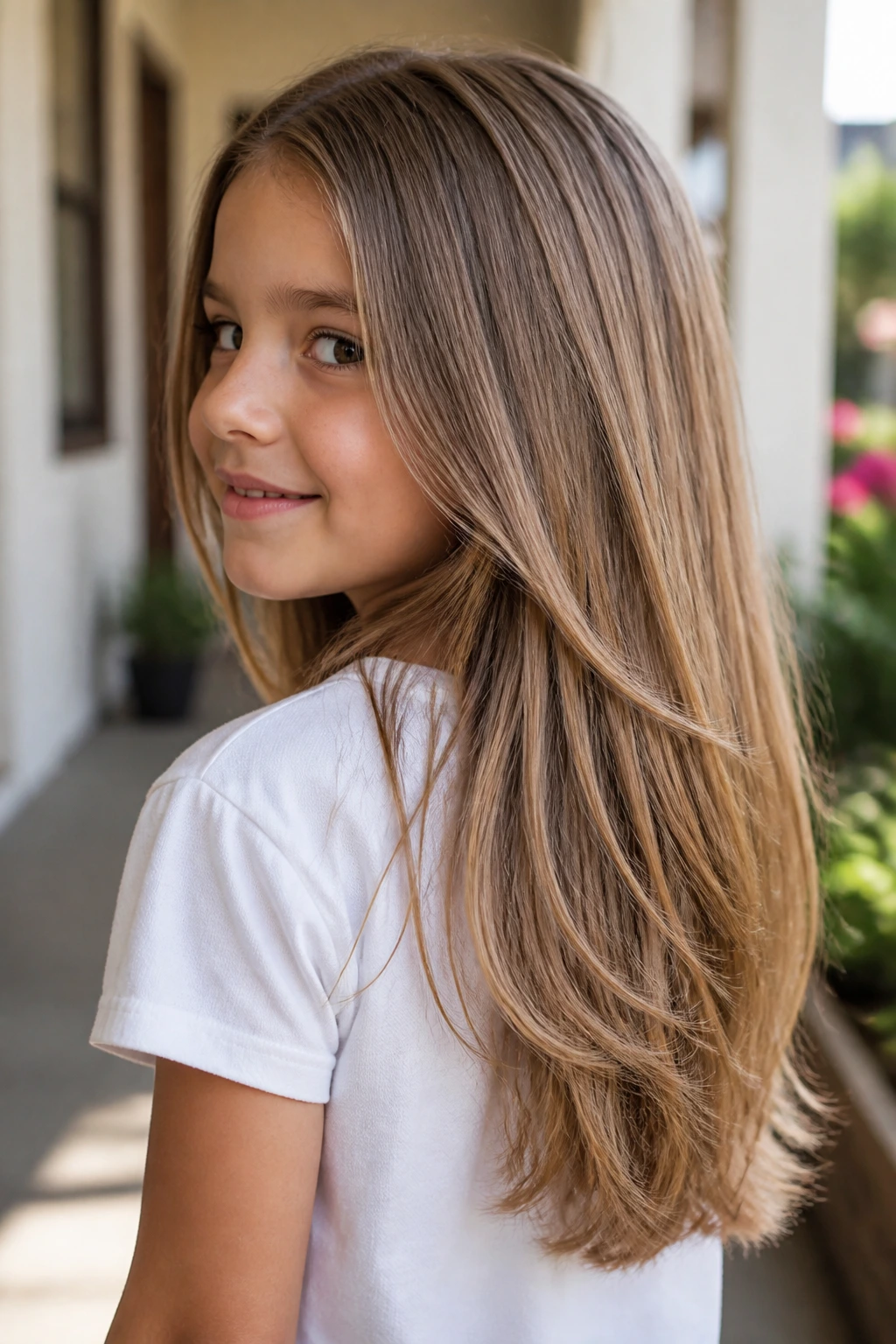 Close-up of a real child with mid-back soft layers hairstyle