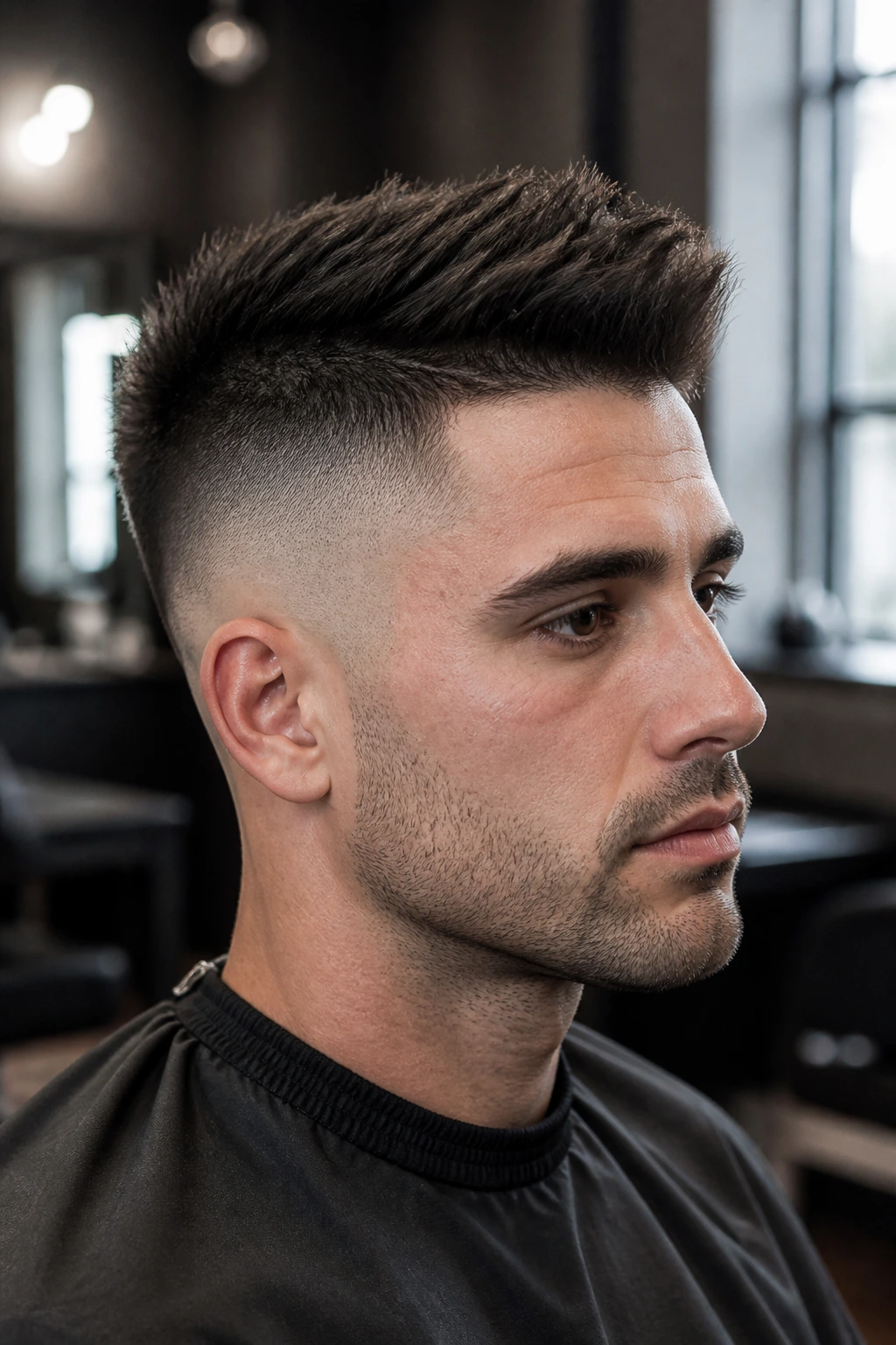 Close-up portrait of The Mid-Fade Fohawk with skin fade and defined top ridge on a real person.
