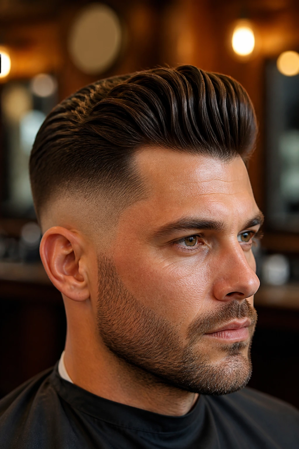 Man with a mid-fade pompadour shown in a barber-like interior.