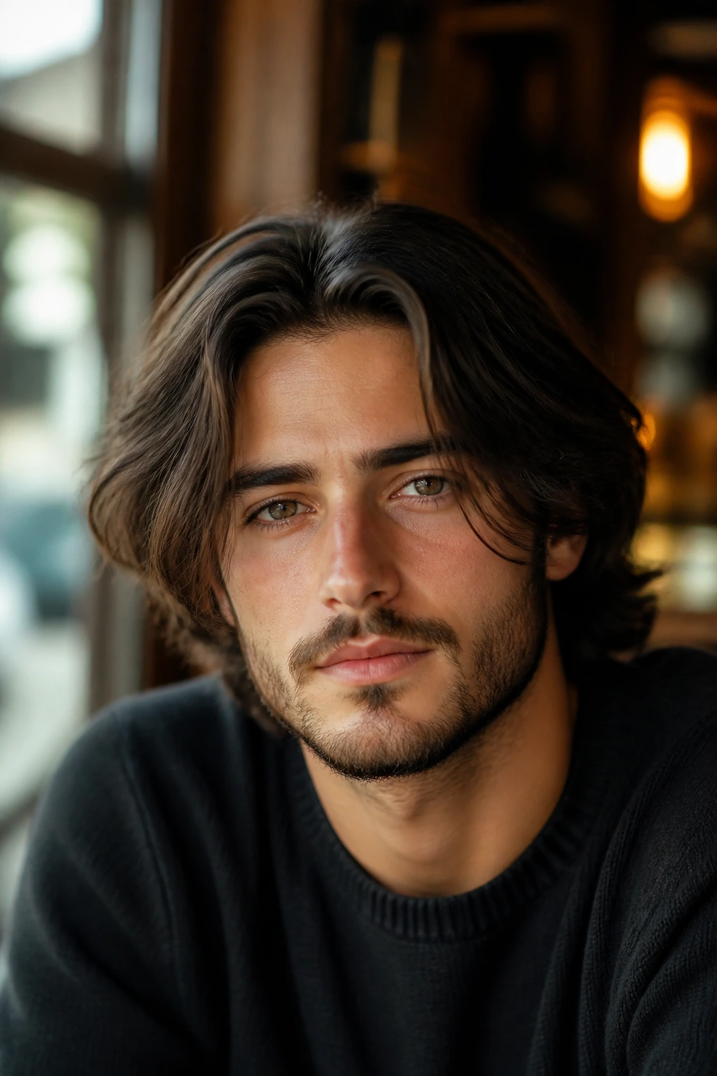 Close-up portrait of a man with a mid-length center part and thick hair framing the face.