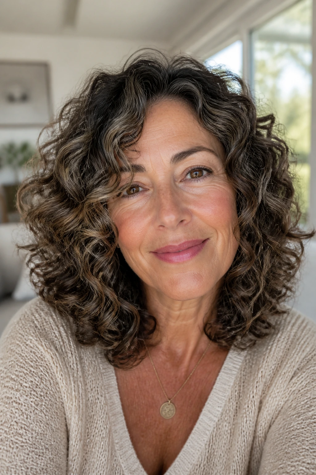 Close-up of a real woman with mid-length curly layers