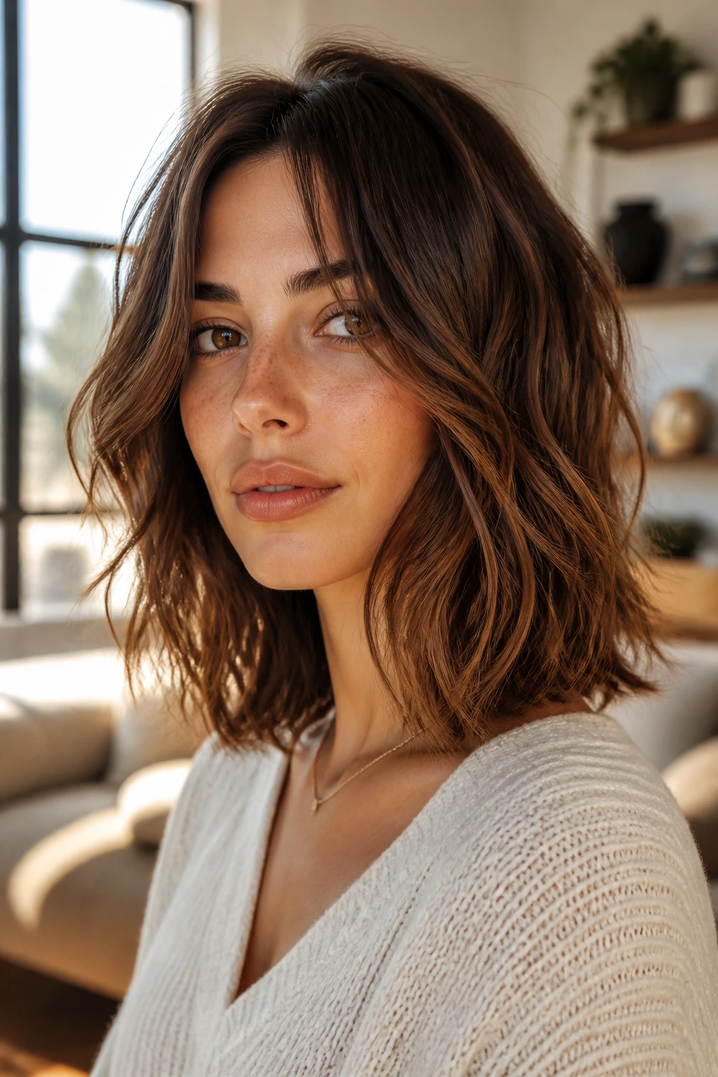 Close-up of a real woman with shoulder-length hair, soft waves and long choppy layers.