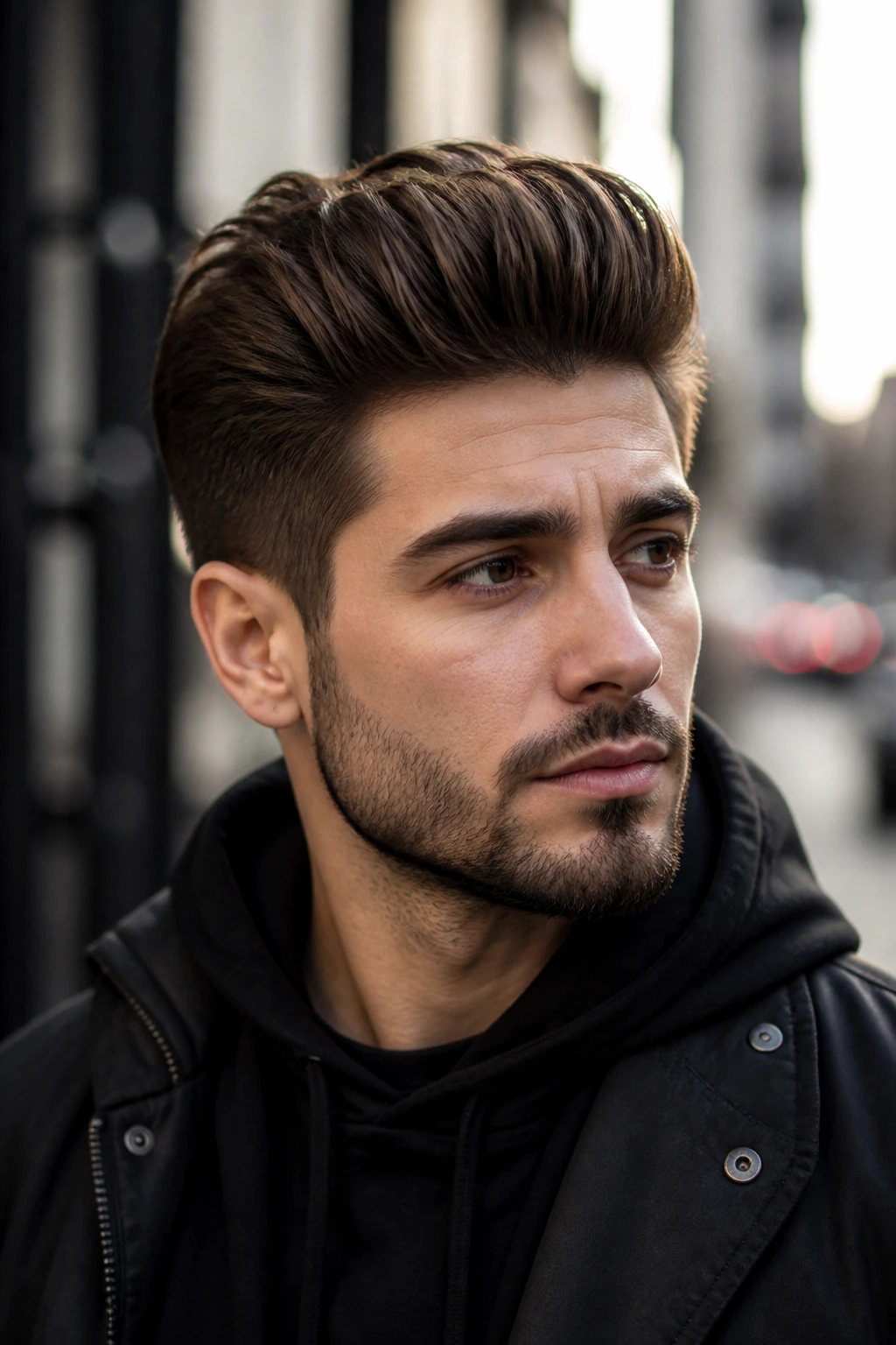 Medium close-up of a man with a mid-length pomp hairstyle