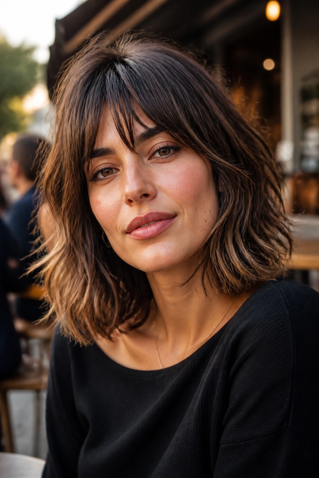 Close-up of mid-length shag bob hairstyle on a real woman in street-side cafe light