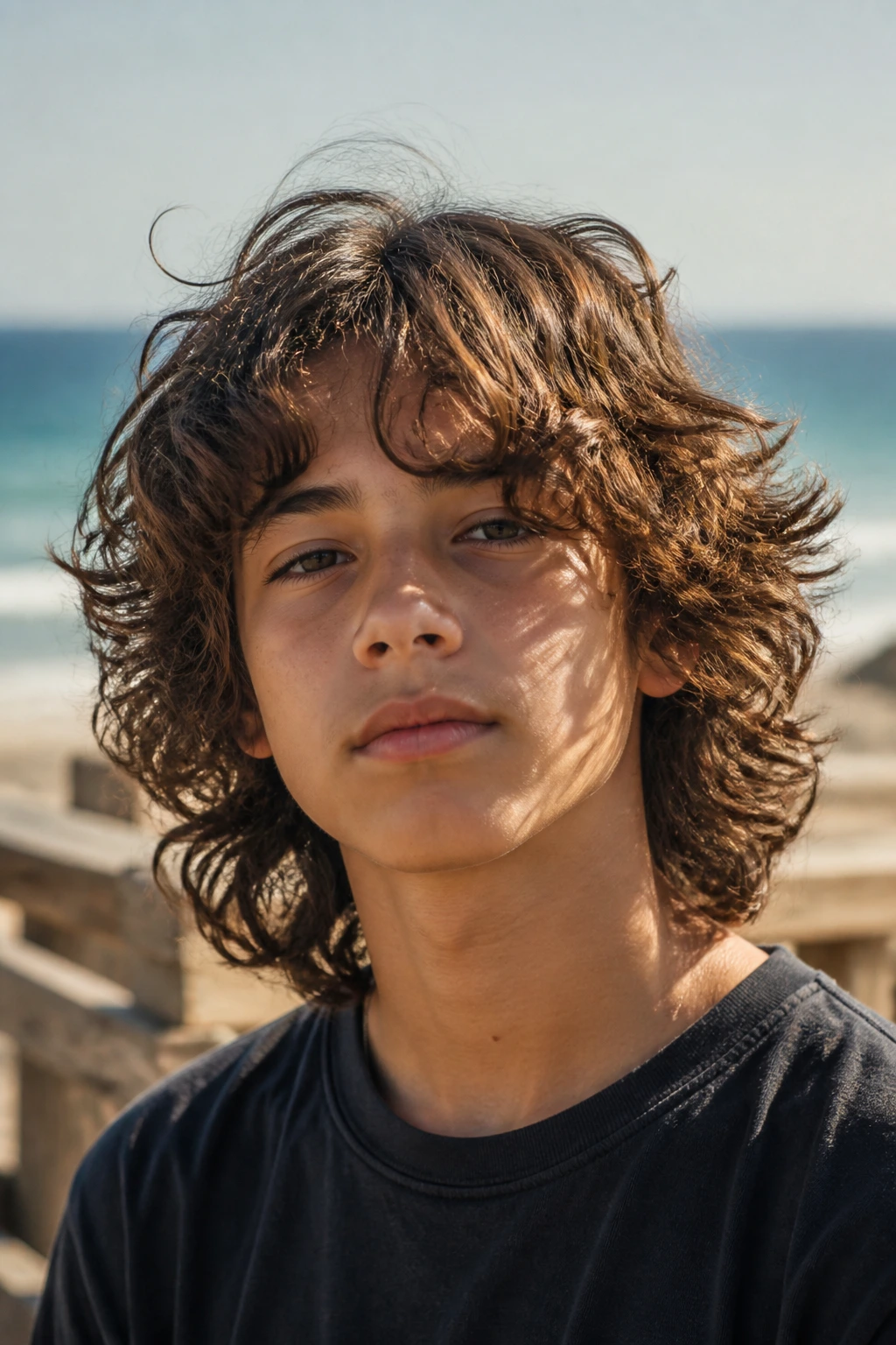 Real boy with shoulder-length curly hair in a messy mid-length shag at the beach