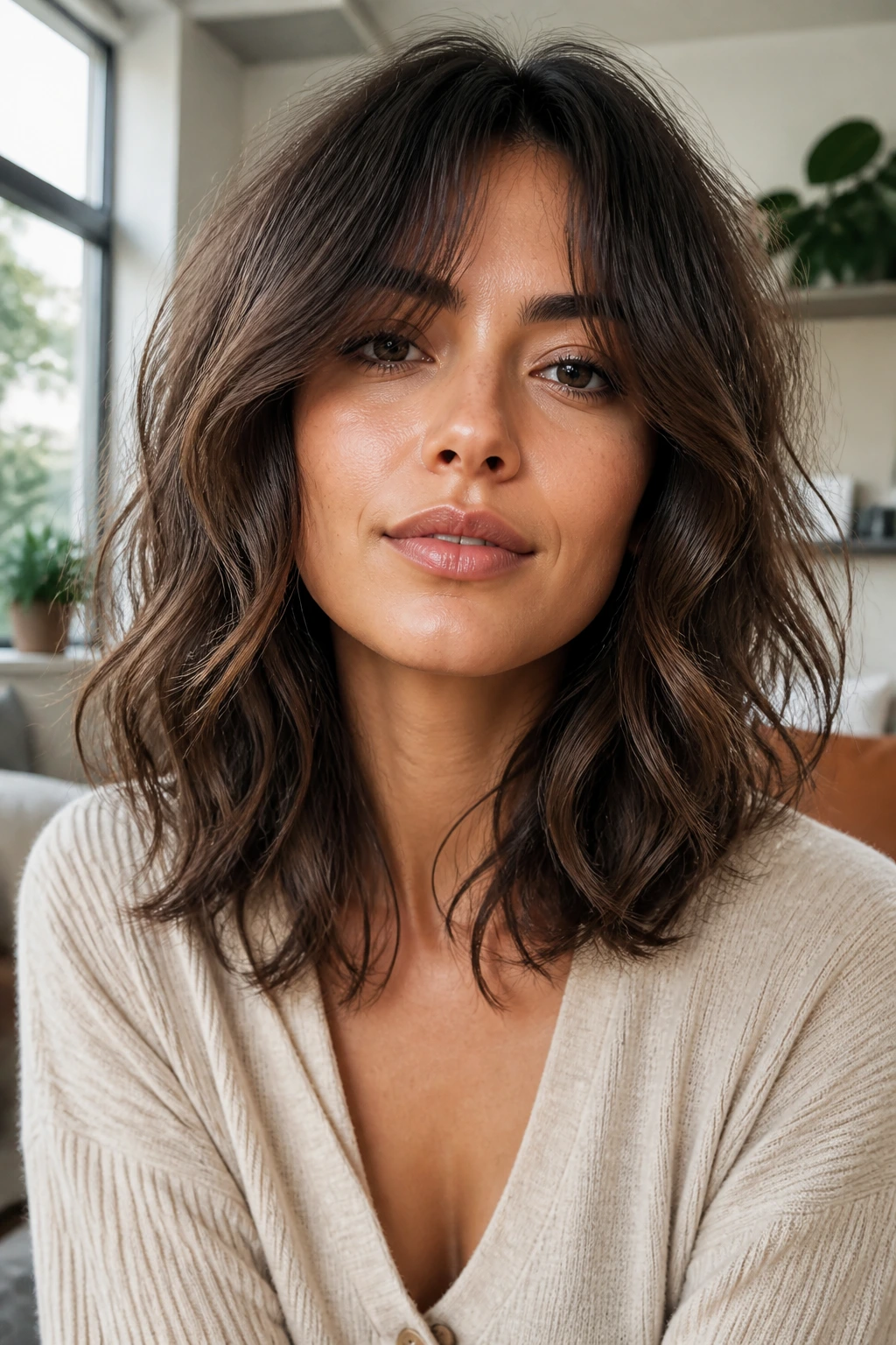 Portrait of a real woman with mid-length shag and curtain bangs.
