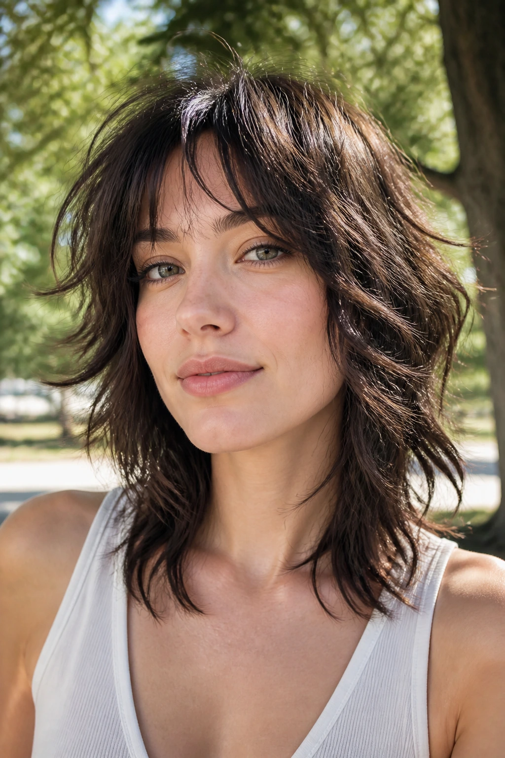 Woman with mid-length shag and choppy layers.