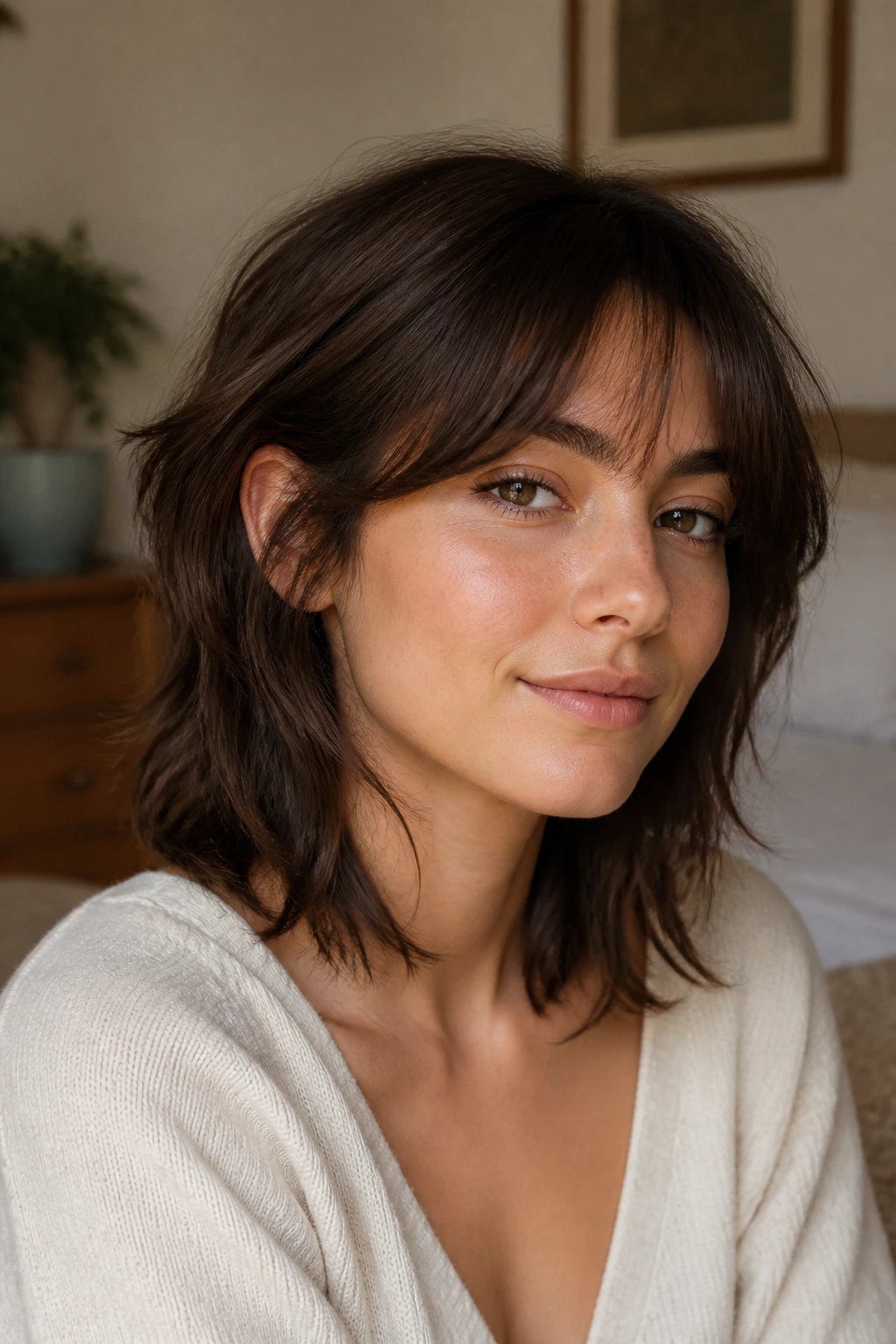 Close-up of a real woman with shoulder-length shag and soft layers in natural window light
